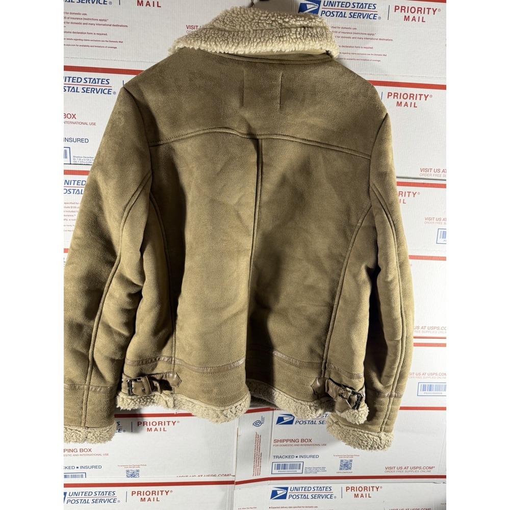 ZARA OUTERWEAR TAN FAUX SUEDE MOTO JACKET SHEARLING LINED ZIPPERS SZ S - Picture 6 of 7